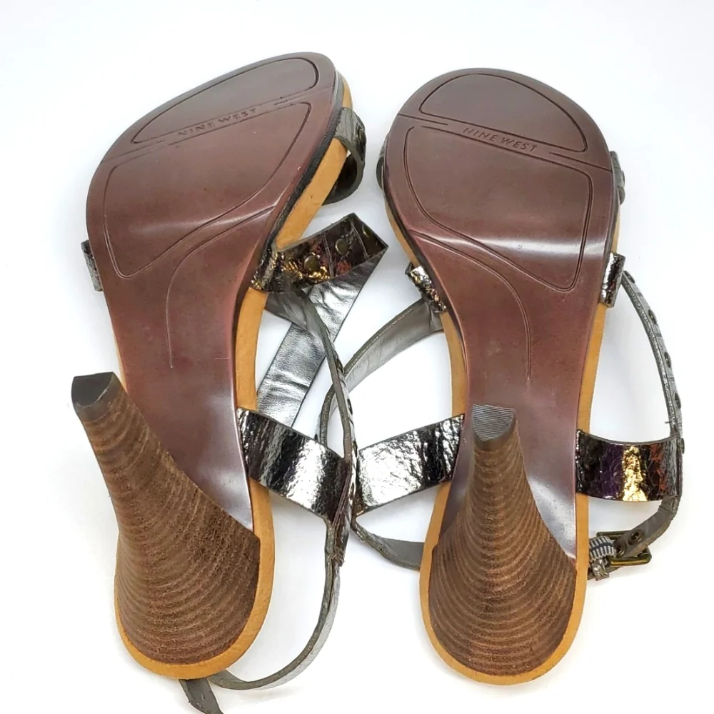NINE WEST Dimsum Metallic Leather Ankle Strap Heeled Sandal